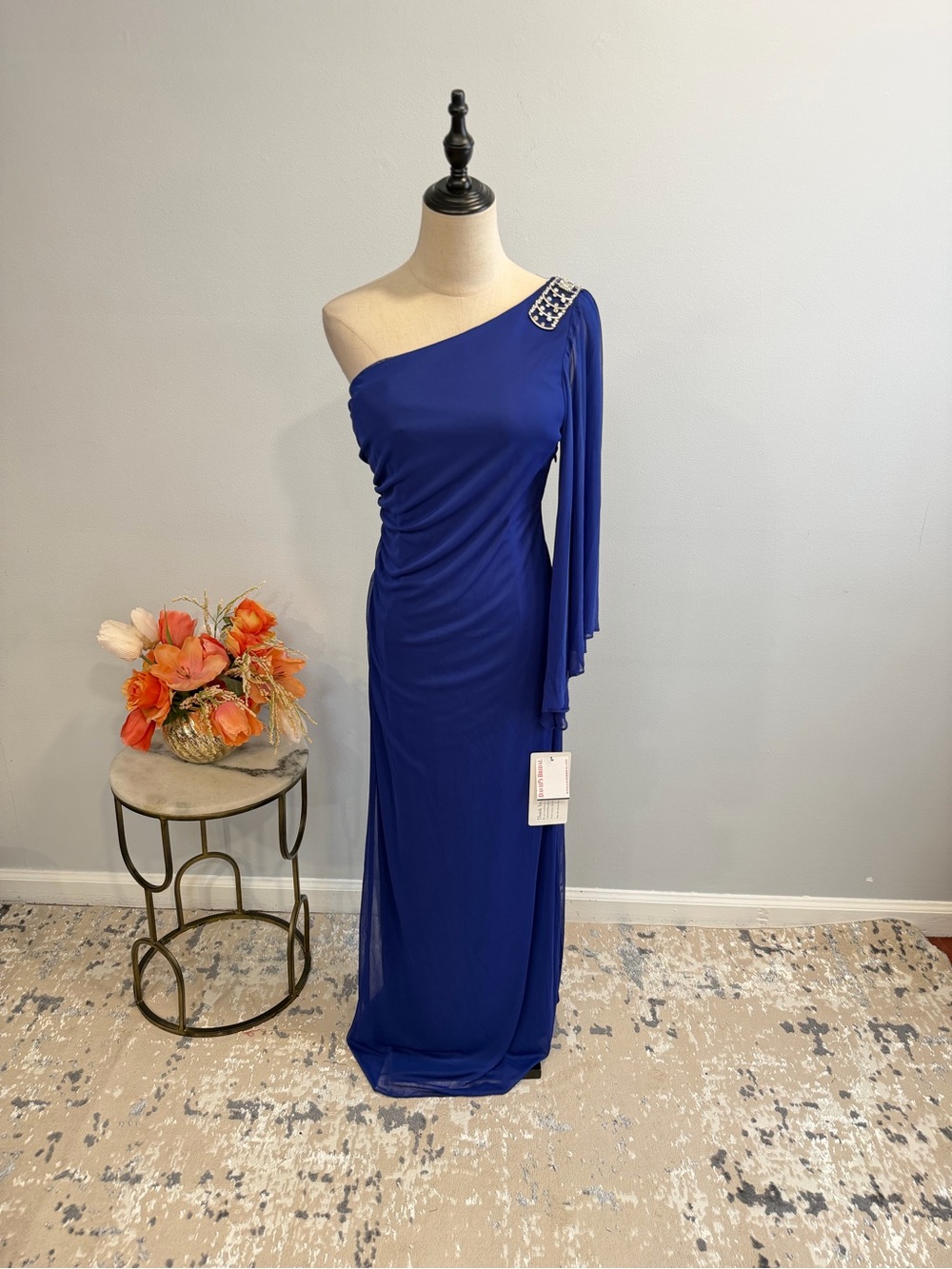 David's Bridal Nightway Sapphire Blue Embellished One-Shoulder Evening Gown Sz 8